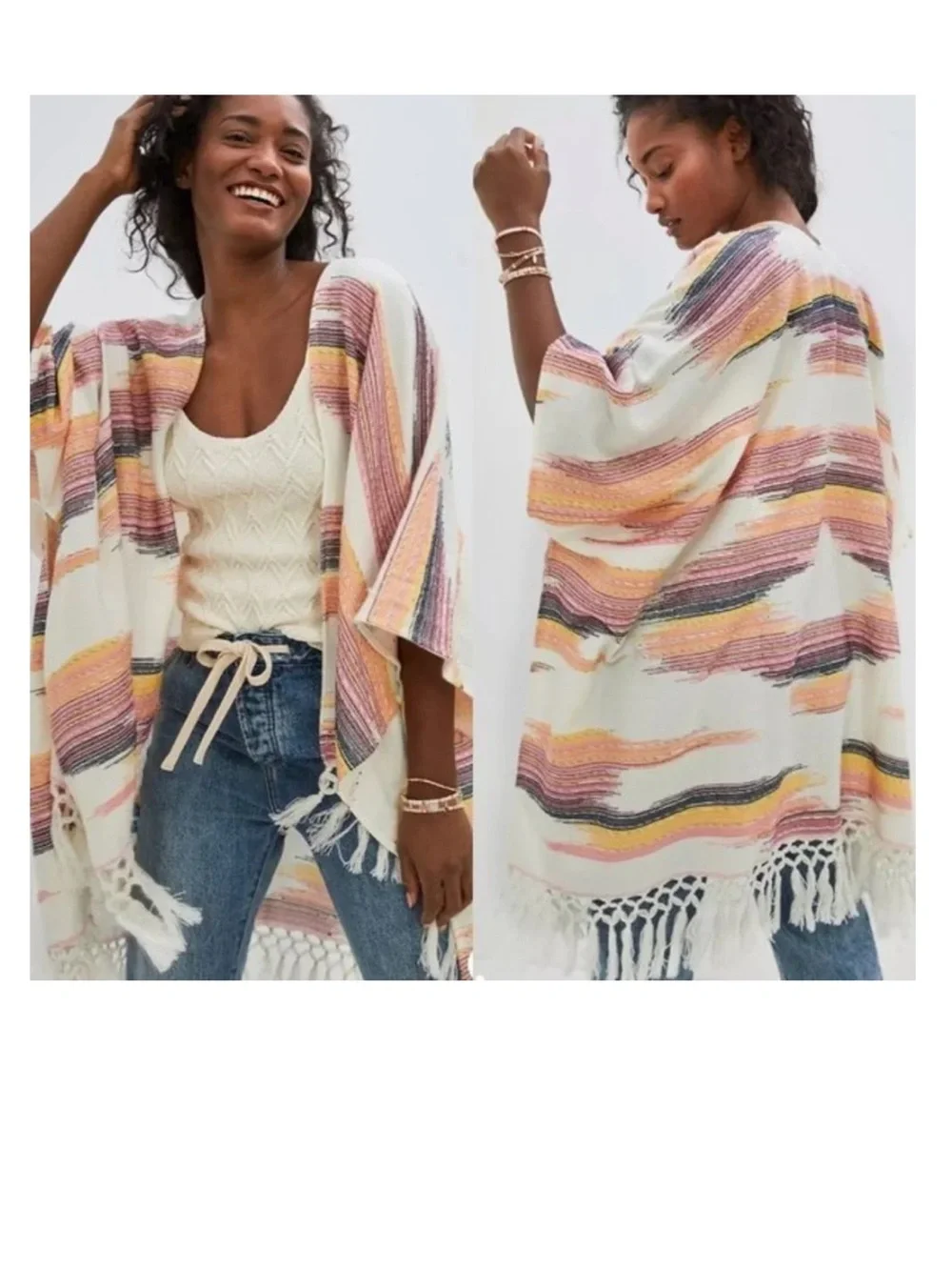 Anthropologie NWOT Sunset Cream Multicolor Striped Fringe Poncho OS